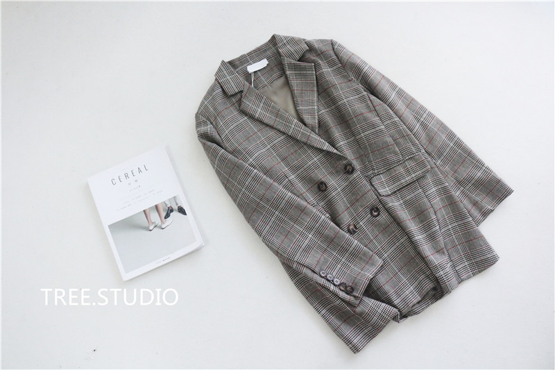 Hàn quốc chic houndstooth nhỏ phù hợp với đầu mùa thu mới OL British retro loose đơn ngực kẻ sọc áo khoác nữ thoi trang nu