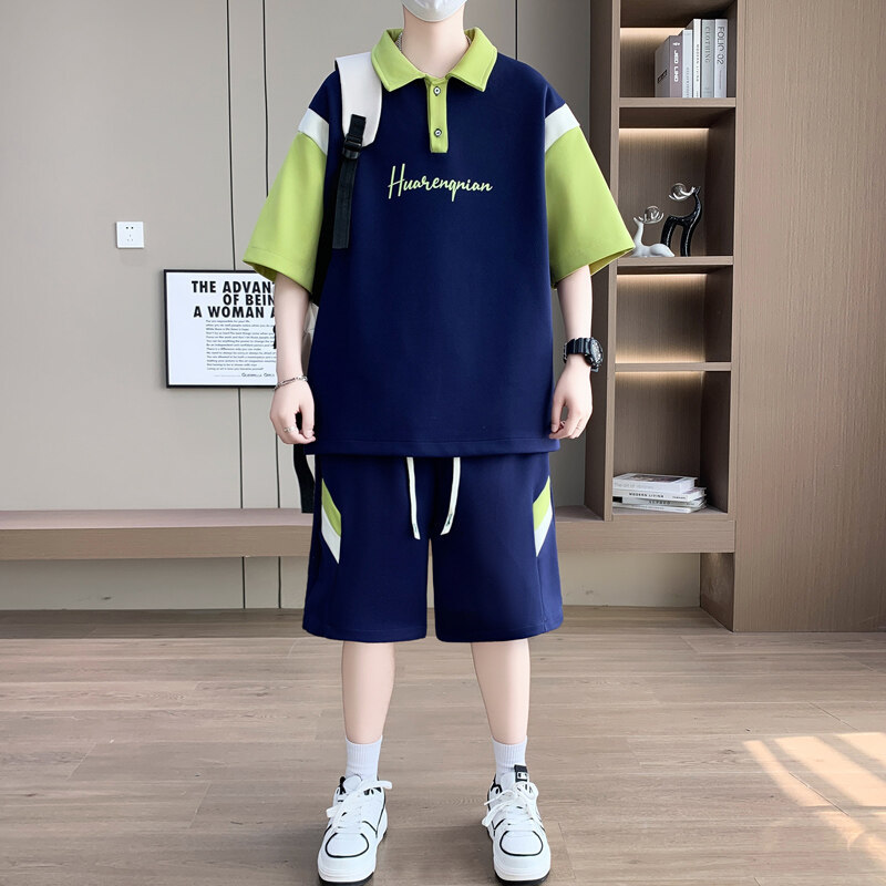 Youth Polo Short-Sleeved Suit for Men, Summer Thin Style, for Older Children, Junior High School Students, Casual Sports Shorts Set