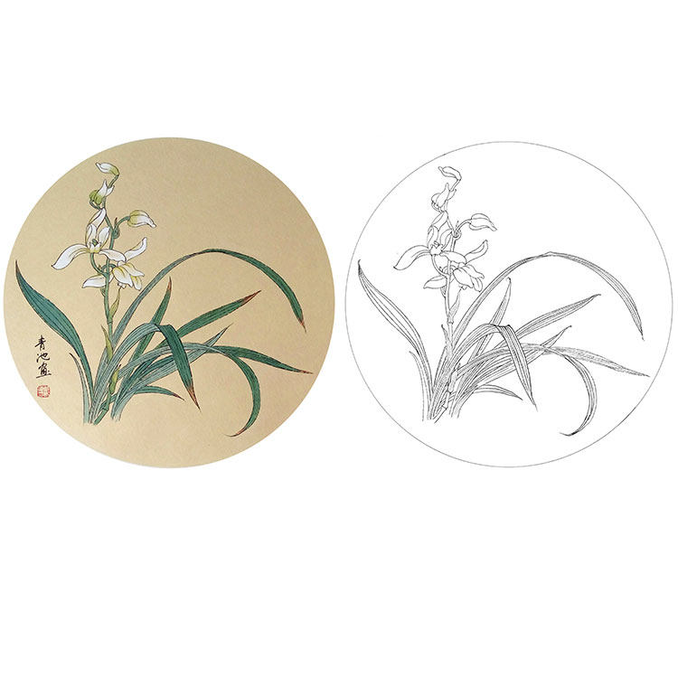 Work Stroke White Sketching Manuscript Daigon Pool Flowers Birds Small Pint Orchid Physical Seduces Print Manuscript Size Optional DQ09