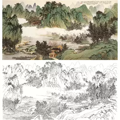 Gongbi painting white sketch manuscript Banner landscape Liu Yanshui physical hook line print draft 66*128 with color pattern 752T