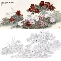  Gongbi painting white sketch background draft four-foot banner Wang Qingsheng peony physical print draft 64*133 with color map 683T
