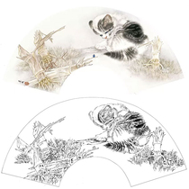  Gongbi painting white sketch background draft Fan surface cat 66*33 physical white paper print draft with color map 270T