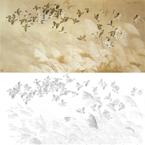  Gongbi painting white sketch background physical print draft Zhou Zhongyao six-foot flowers and birds autumn music picture 90*180 with color picture 628T