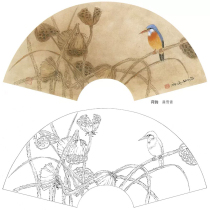  Gongbi painting white sketch manuscript Gong Xueqing Chinese painting fan hook line copy physical white paper printing Lotus Kingfisher 272T