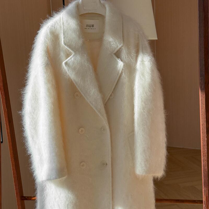 Light Luxury Soft Brushed 100% Cashmere Long Coat for Women, Oversized Double-Breasted White Loose Mid-Length Coat