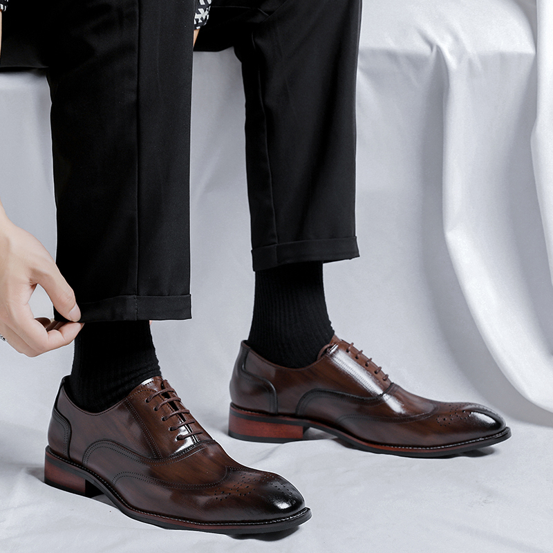 Brown Leather Shoes Men's Formal Business Casual Brogue Square Toe Oxford Shoes with Inner Height Increase Suit Wedding Groom Shoes