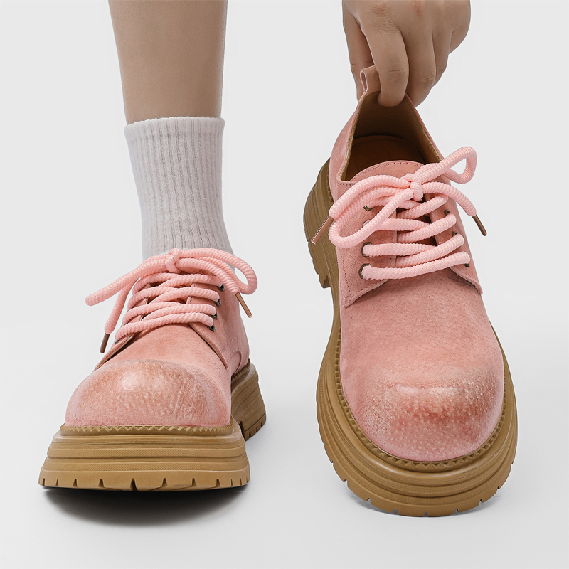American Retro Derby Shoes for Men and Women, British Style, Thick-Soled, Pink Commuter Leather Shoes, Low-Top Martin Boots