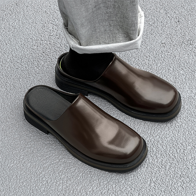 2026 New Genuine Leather Closed-Toe Half-Slippers for Men, Retro Summer Outdoor Birkenstock-Style Slip-On Platform Height-Increasing Mules
