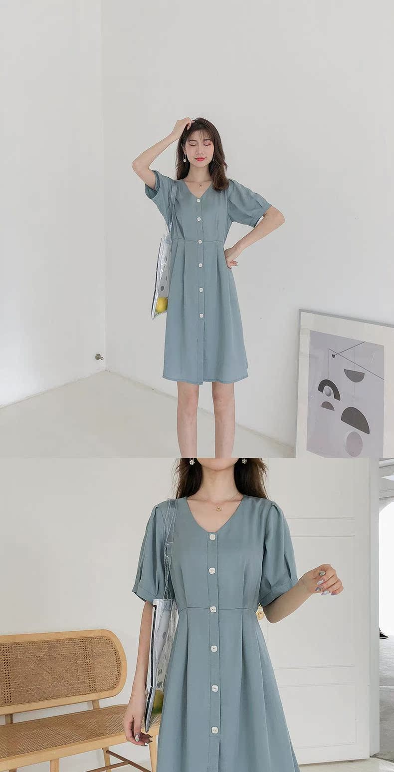 Thời trang hoang dã mùa hè mới V-cổ retro Váy dài ngực đơn kiểu Hepburn Một chiếc váy nữ từ W10777 - A-Line Váy mẫu váy nhung xòe