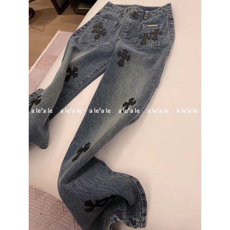 The Same Style as the Store'S, Keket Has Another Hit! 25Ss New Cross-Shaped Silver Buckle Washed Denim Straight-Leg Pants for Women
