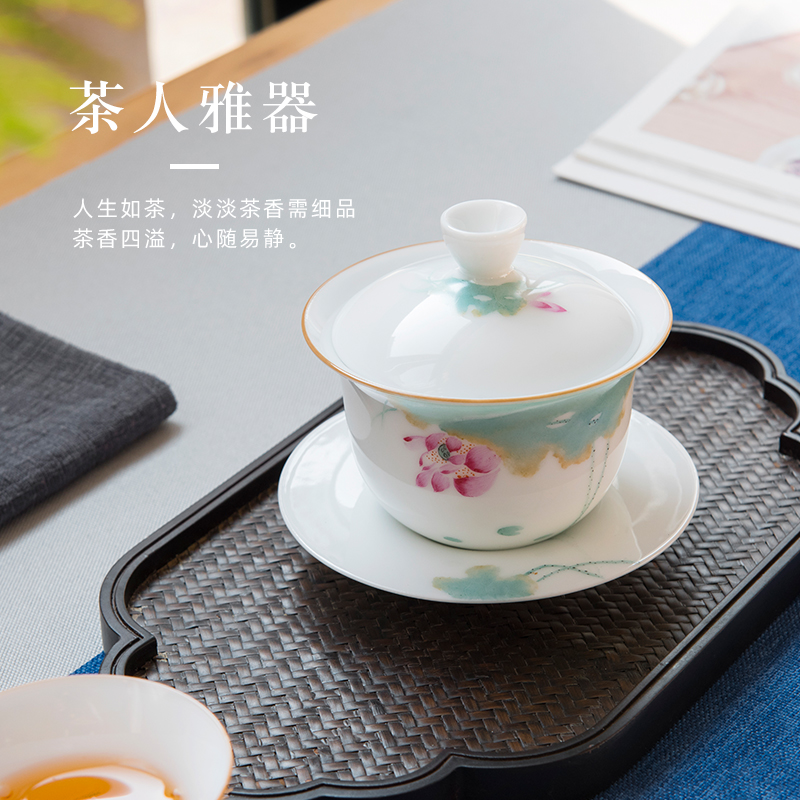 Sweet white porcelain pure hand - made tureen tea cups large single is not thin body three fort bowl kung fu tea set