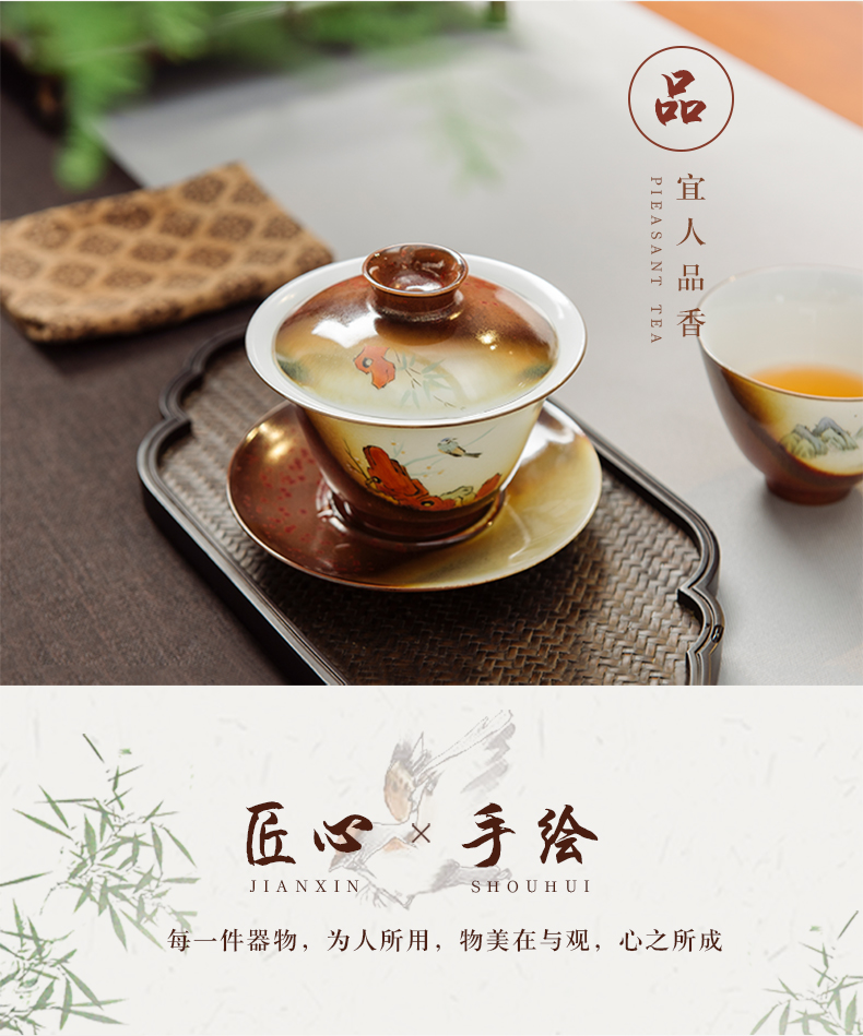 Jingdezhen ancient hand - made only three tureen tea cups a single large thickening tea bowl with cover tea set heat