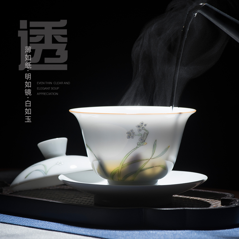 Jingdezhen hand - made kung fu tea cups office suit household ceramics orchid lid bowl