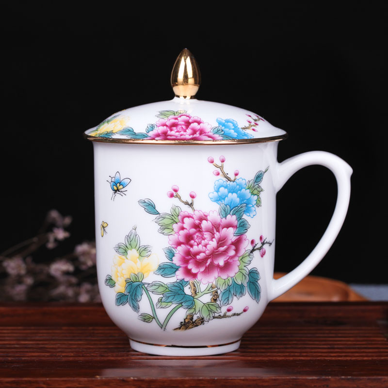 Jingdezhen ceramic cups with cover office cup hand - made paint ipads China household water cup tea cup with a gift