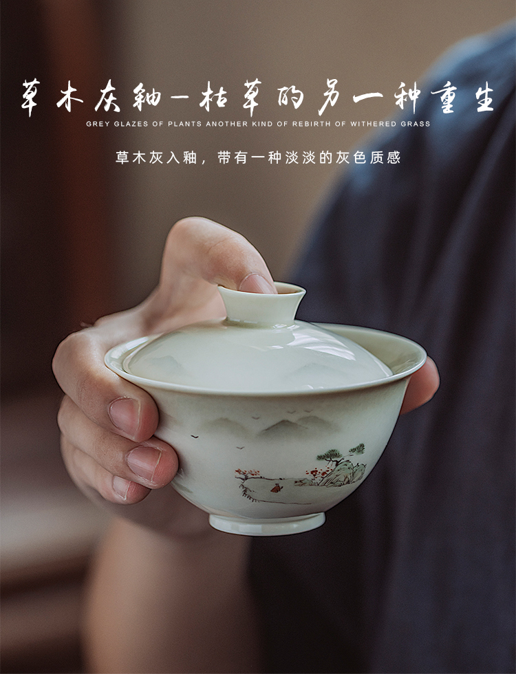 Jingdezhen hand - made scenery figure set of plant ash tea tureen manual set of kung fu tea tea