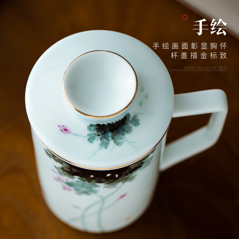 Jingdezhen hand - made tea cups with cover household ceramics filter cup tea separate office cup of cup tea cups