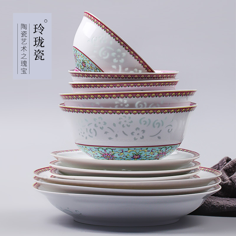 Jingdezhen porcelain tableware suit Chinese style exquisite dishes ceramic household eating the food dish of high - end tableware gift set