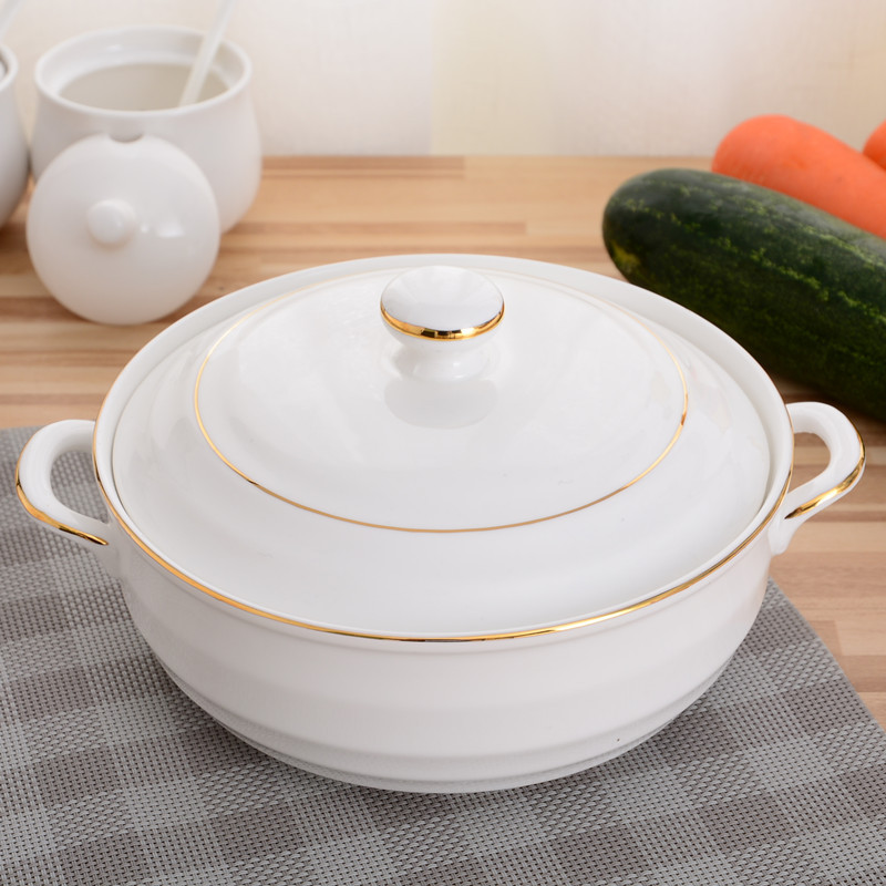 Household Double-Handle Ceramic Soup Bowl with Lid, Creative Stew Pot, Pure White, Large Capacity, Rice Soup Bowl, Soup Basin, Microwave-Safe