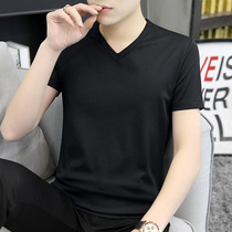 Modal cotton short sleeve T-shirt mens V collar 2021 new summer ice silk ice feel half sleeve shirt solid color base shirt tide