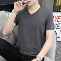 Ice Silk Modal Cotton Mens Short Sleeve T-Shirt Slim V-neck Half Sleeve Body Swear Pure White base shirt Slim Clothes Men