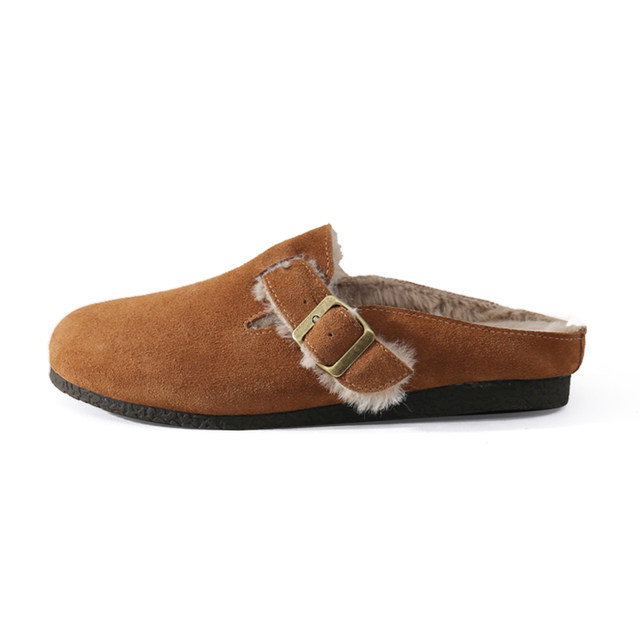 Lost Elk Retro plus velvet Birkenstocks Women's winter leather warm cotton shoes, round head hairy single shoes