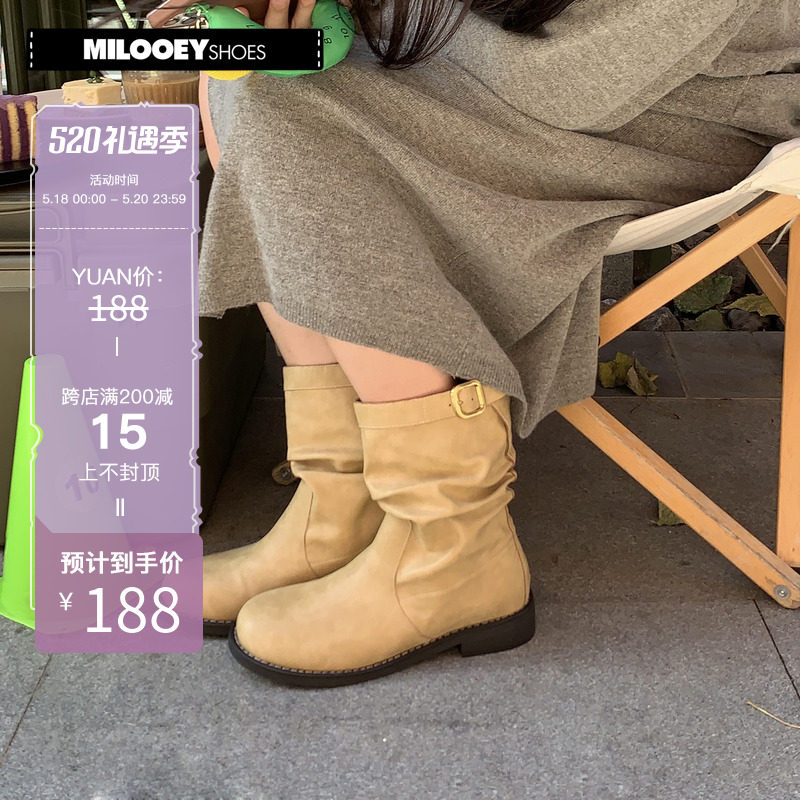 Lost Elk Deer Genuine Leather Creamy Boots Woman Round Head New Coarse Heel Middle Cylinder Riding Boots Woman Retro Fashion Autumn Winter Single Boots