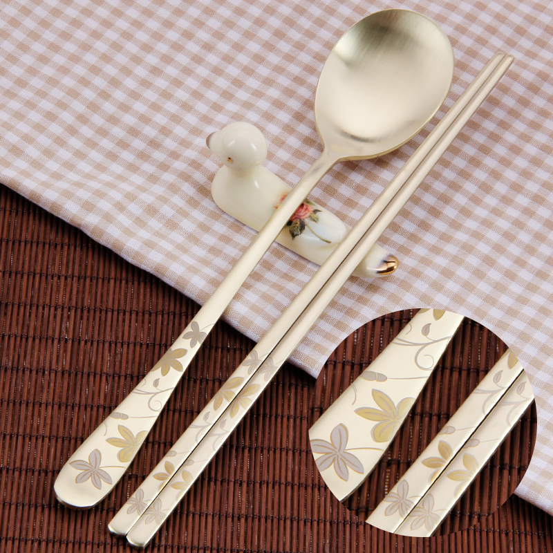 South Korea Stainless Steel Chopsticks Spoon Suit Pins Wind Gold Long Handle Spoon Han Style Flat Chopsticks Home Lovers Cutlery