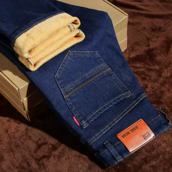 Mùa thu đông cộng với quần jeans nhung nam cao eo thon dài duỗi thẳng dày trung niên cộng với phân bón quần dài XL