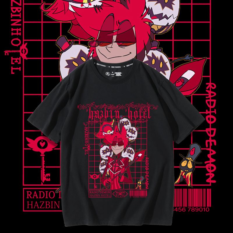 Hell Inn Anime Merchandise Alastor Broadcast Demon-Style Short-Sleeve T-Shirt Unisex Loose Pure Cotton Half-Sleeve