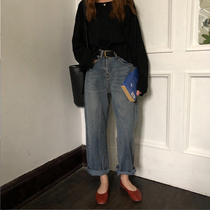 Large size retro jeans women autumn and winter plus velvet fat sister mm loose wide leg pants slim pear-shaped body pants tide