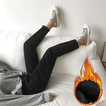 Large size plus velvet jeans women fat mm200 kg black velvet pants loose slim waist winter straight pants