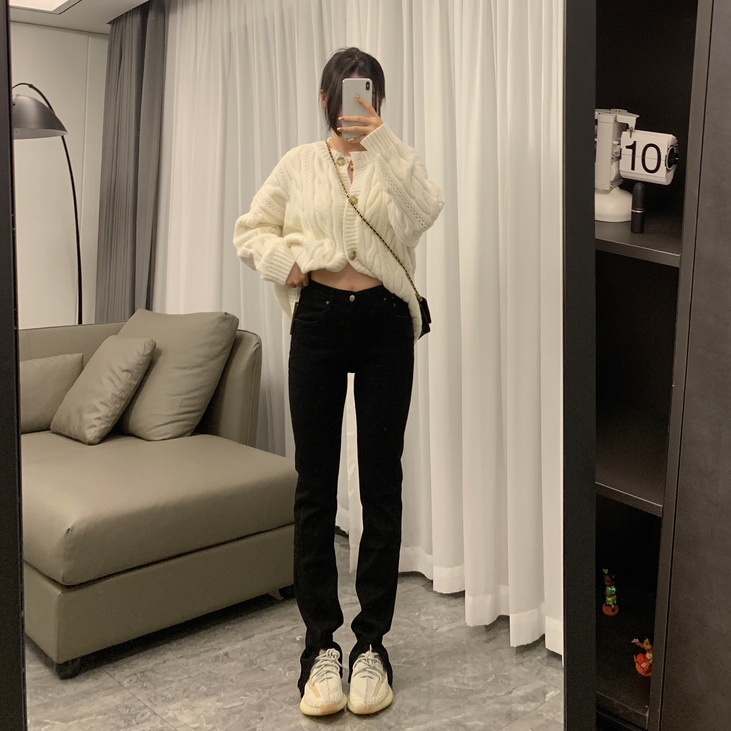 BLACKY2022 Spring New High Waist Slim Slim High Split Straight Leg Black Jeans Women's Micro Horned Horseshoe Pants