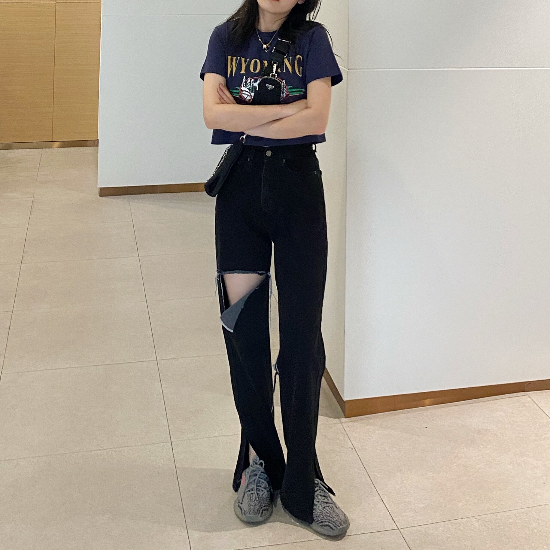 BLACKY2022 spring hole split jeans thin section high waist loose and thin straight Hong Kong style mopping pants