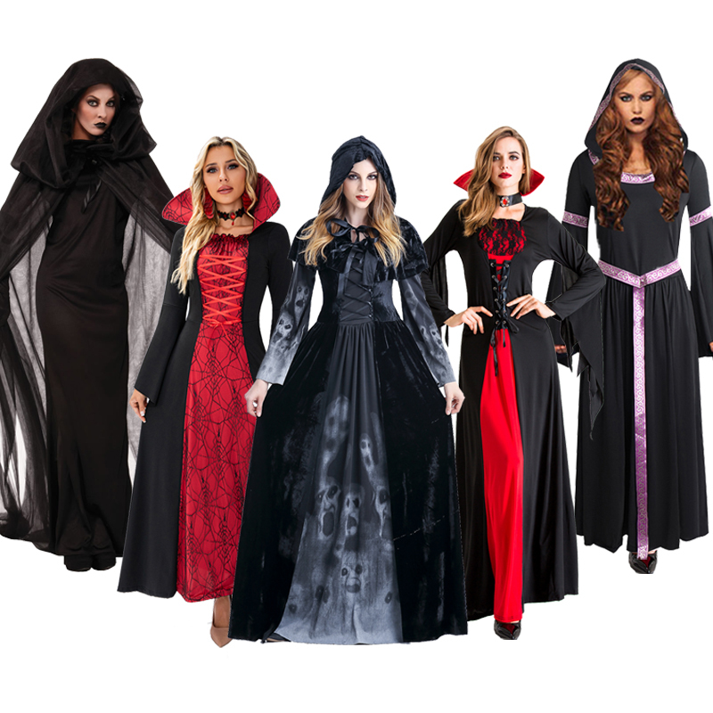 Halloween Adult Vampire Costume Retro Palace Queen Cosplay Witch Cloak Black Witch Dress