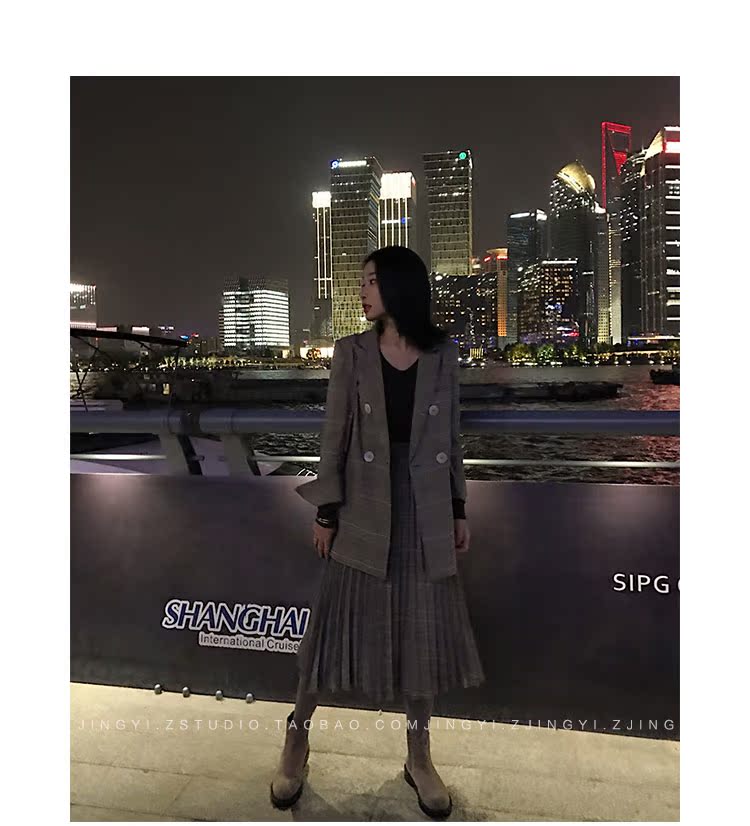 Zhang Jingyi Mùa thu và mùa đông phiên bản mới của Hàn Quốc với áo khoác kẻ sọc rộng + thắt lưng cao xếp li Một chiếc váy suông giản dị phù hợp với nữ thời trang nữ cao cấp
