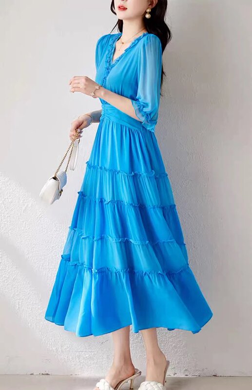 European Station Blue Silk Dress Women's New Pure Color Sequined Classy Mulberry Silk Waist Slimming Look Silk Long Skirt