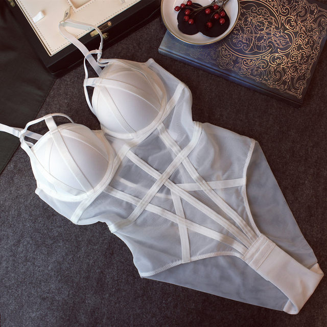 Breathable thick cups show breasts gather open crotch one-piece bra women's sexy lace body sculpting underwear one-piece summer