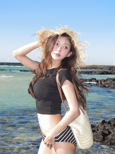 Retro Hot Girl Style Sexy Striped Short-Sleeved Split Bikini Island Vacation Small Bust Pure Desire Girl Hot Spring Swimsuit