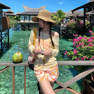 Island Dopamine Style Brightening Bikini Set with Long-Sleeve Cover-Up, Sexy Small Bust Pure Desire Resort Hot Spring Swimsuit