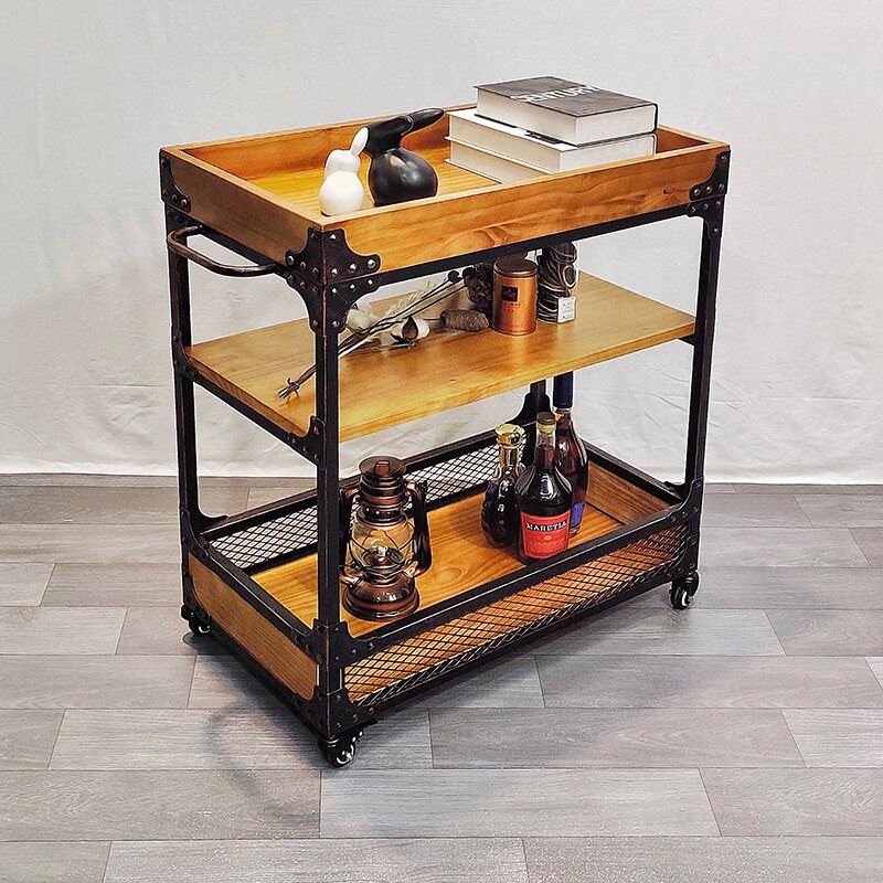 Retro Hotel Wine Water Small Cart Dining Room Kitchen Mobile Hand-Push Delivery Dining Car Creative Dining Cabinet Tea Water Car Home