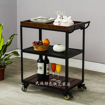 Wrought iron solid wood dining car Fashion wine trolley Creative mobile small dining car wine rack Retro dining side cabinet American style