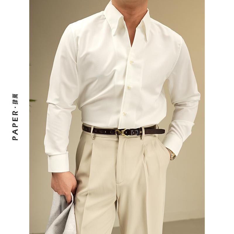 Paper Sihwan Wrinkle-Resistant V-Neck Naples One-Piece Collar Long-Sleeve Shirt, Elegant White Shirt for Men, Spring
