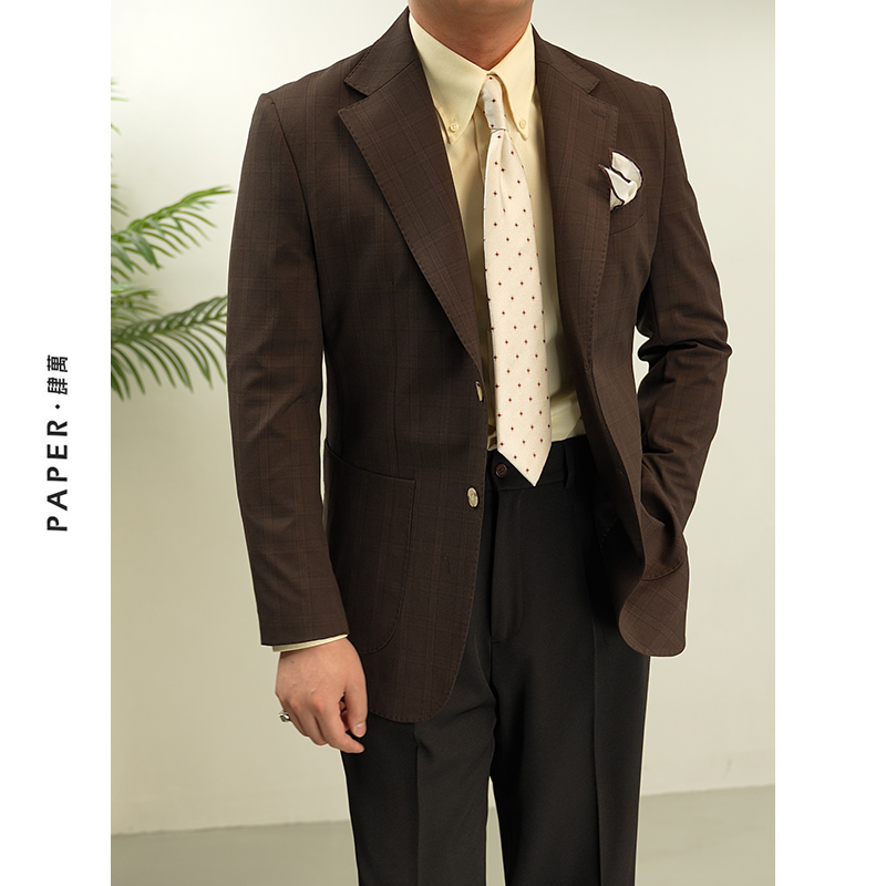 Paper Sihwan British Retro Coffee-Colored Prince of Wales Check Suit Men's Casual Gentleman's Suit Naples Suit Jacket