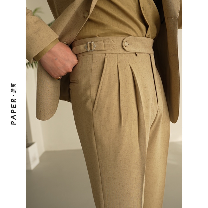 Paper Sihwan Light Brown Retro Stylish Naples Mid-High Waist Straight-Leg Dress Pants Business Casual Trousers for Men