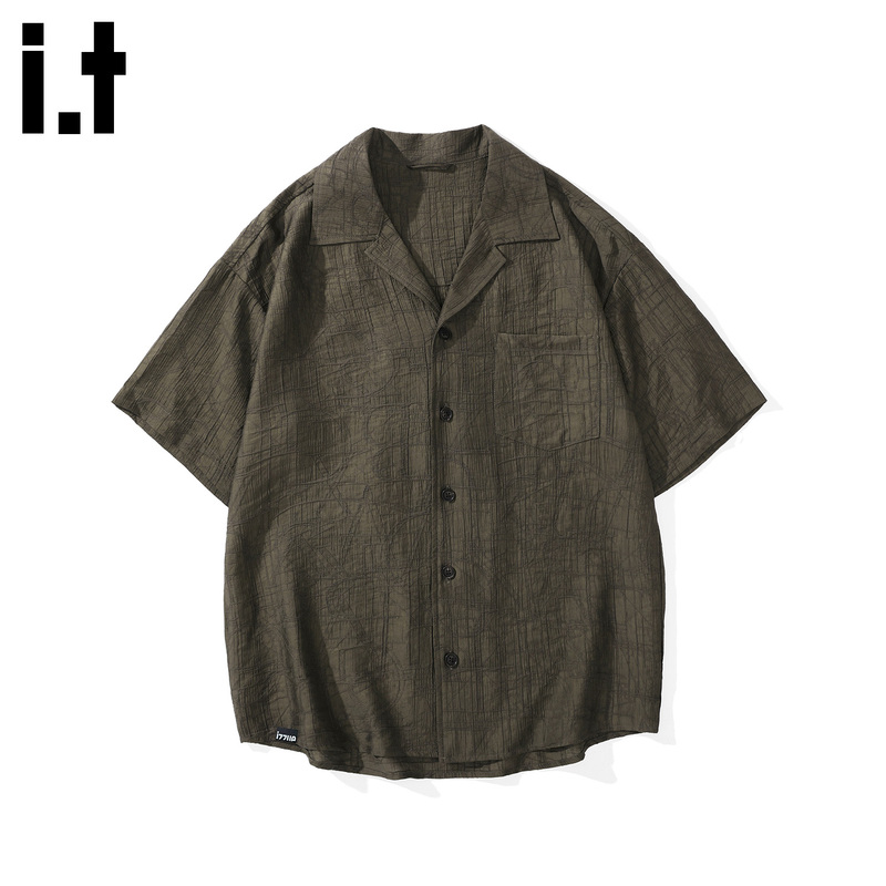 I.T Izzue Retro Style Drop Shoulder Short-Sleeved Shirt Men's Summer Thin Loose Lapel Breathable Shirt Trendy