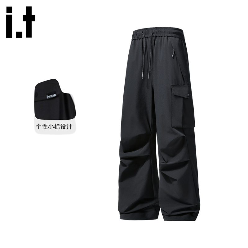 I.T Izzue Pleated Black Cargo Pants for Men, Loose Straight-Leg Casual Spring Trendy Brand Parachute Pants for Men