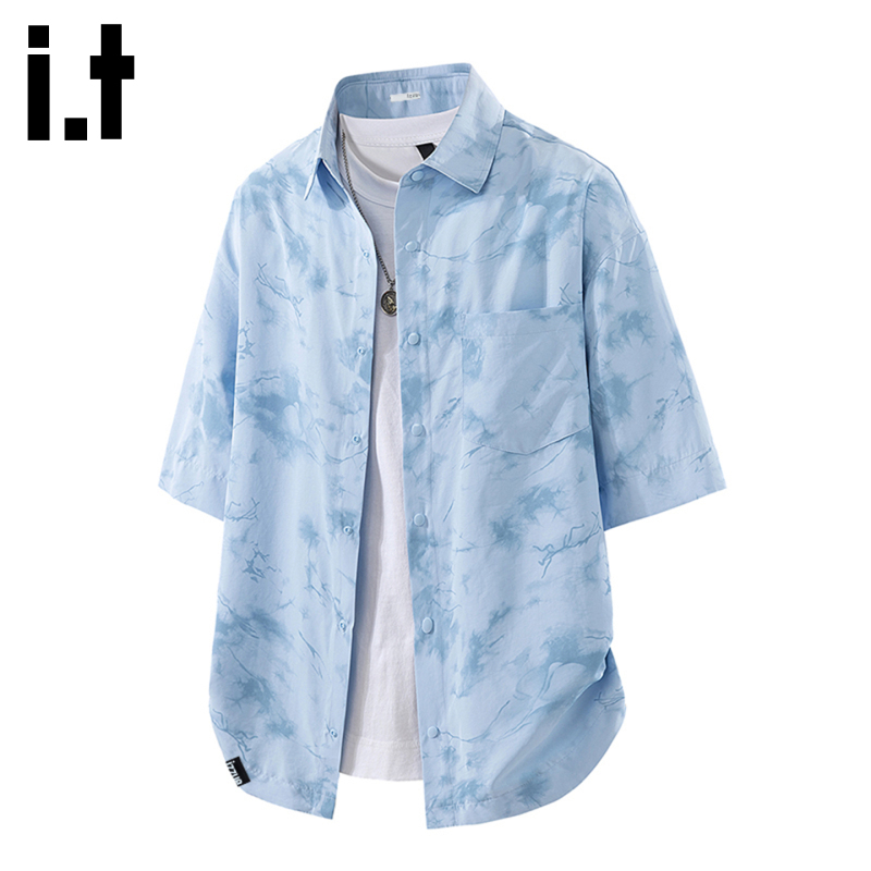 I.T Izzue Tie-Dye Short-Sleeved Shirt Men's Summer Thin Loose Lapel Cardigan Men's Casual Top