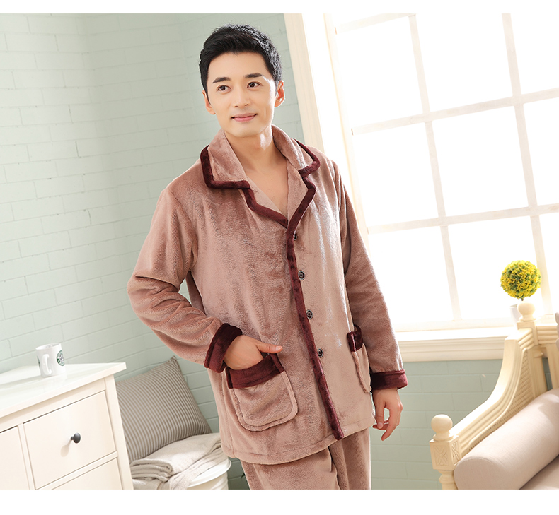 Bộ đồ ngủ nam mùa thu và mùa đông san hô lông cừu phù hợp với mùa đông dày flannel cộng với kích thước phân bón để tăng đàn ông mùa đông bộ mặc nhà