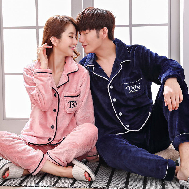 Men's and women's pajamas winter couple models plus velvet warm coral fleece Korean fashion cardigan fleece home service suit
