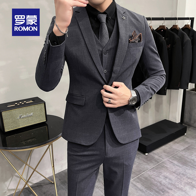 Romon suit suit men's dark plaid slim groom wedding dress three-piece business casual formal dress banquet